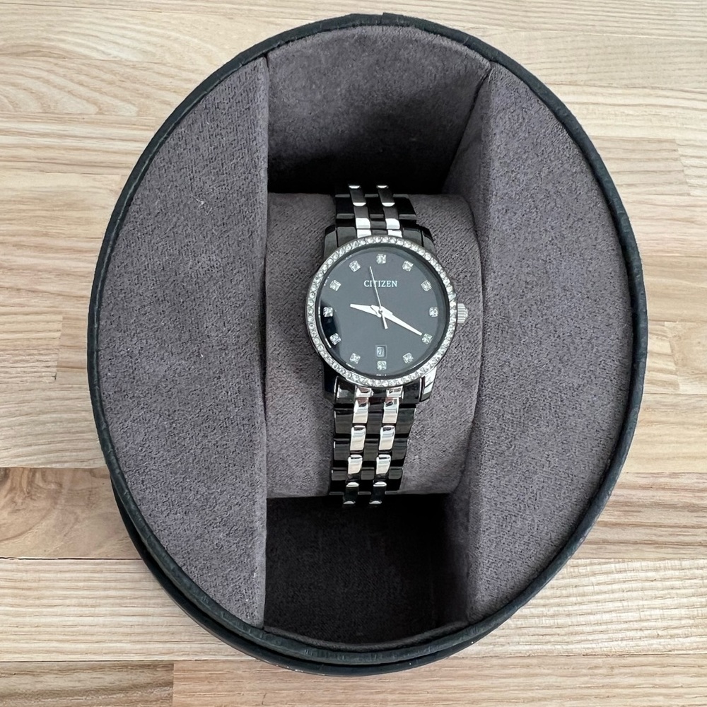 Citizen Ladies Watch Crystal Dial Markers Black & Stainless Band Quartz Date Wnd - Picture 6 of 16